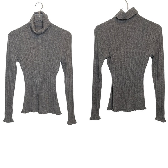Paige Grey 100% Cashmere Turtleneck Sweater Wide Ribbing Lettuce Hem/Cuffs Sz S - Picture 3 of 15